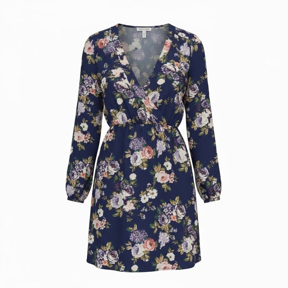 Lulus Thats a Wrap Navy Blue Floral Print Long Sleeve Dress Mini Dress Size S